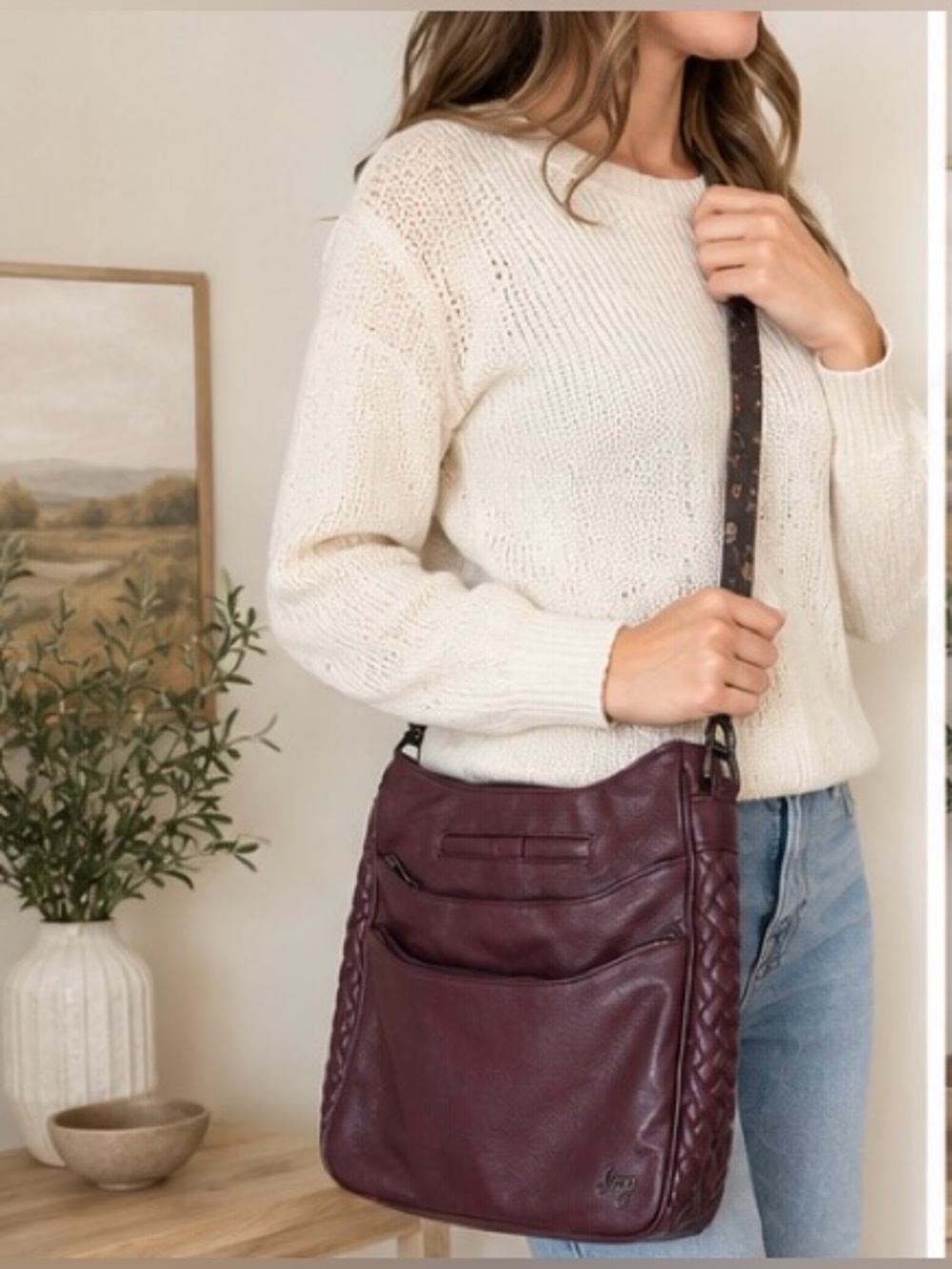 Lug Cable Car Burgundy Crossbody Shoulder Bag Floral Strap